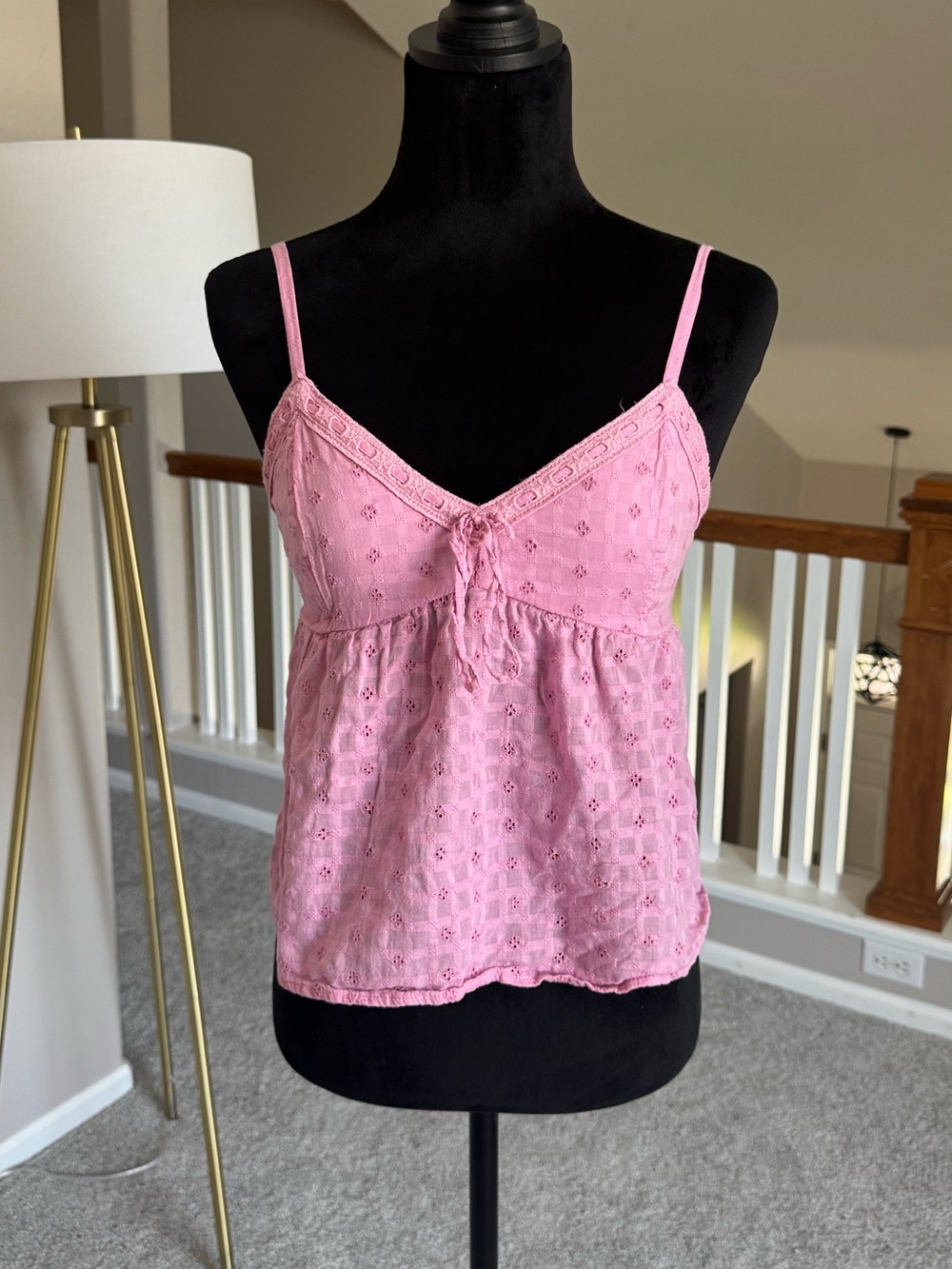 Hollister Pink Eyelet Tie Front Babydoll Tank Small Cotton